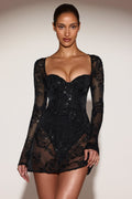 Embellished Corset Bodysuit A-line Mini Dress in Black