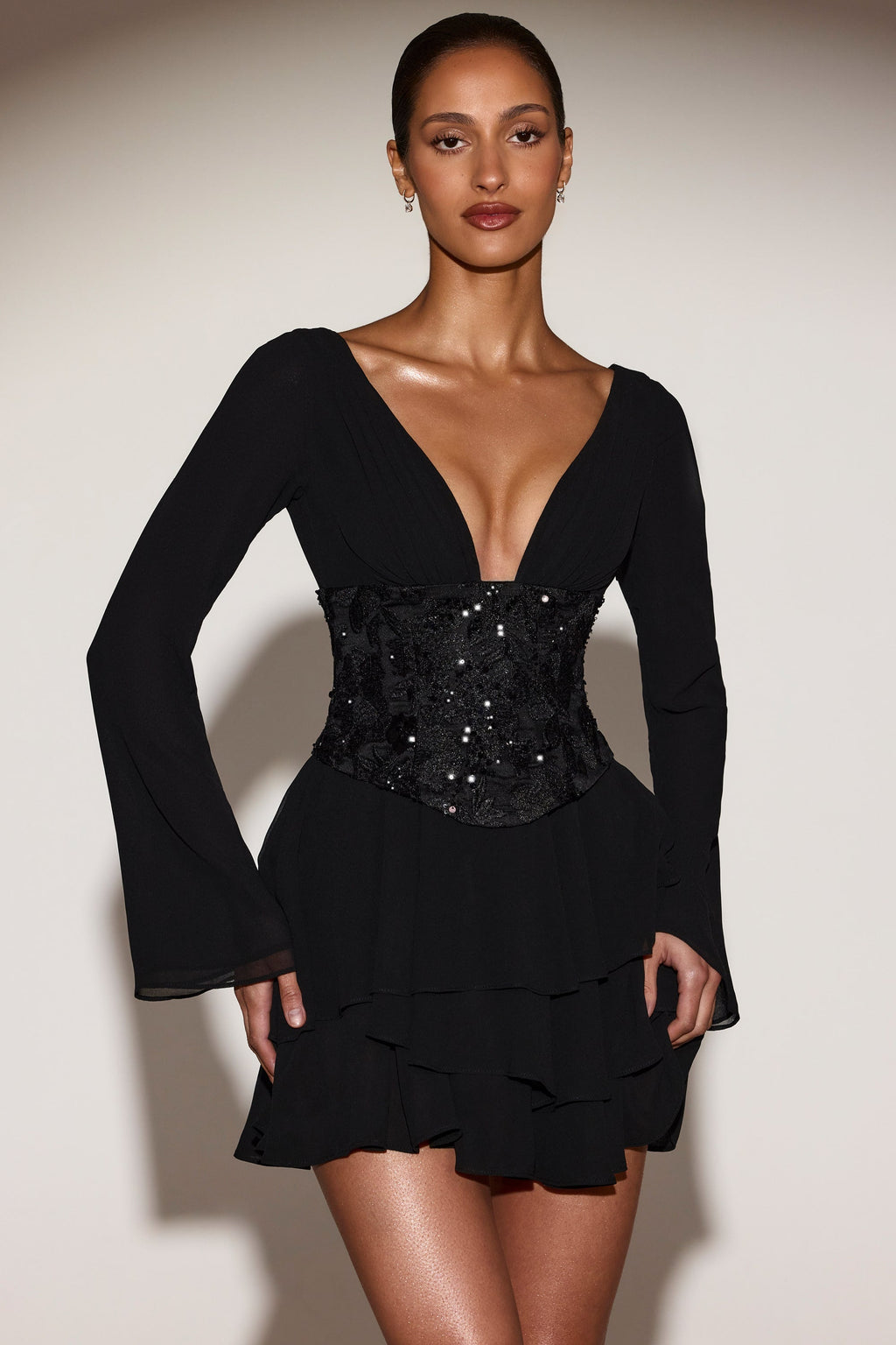 Embellished Corset A-line Mini Dress in Black