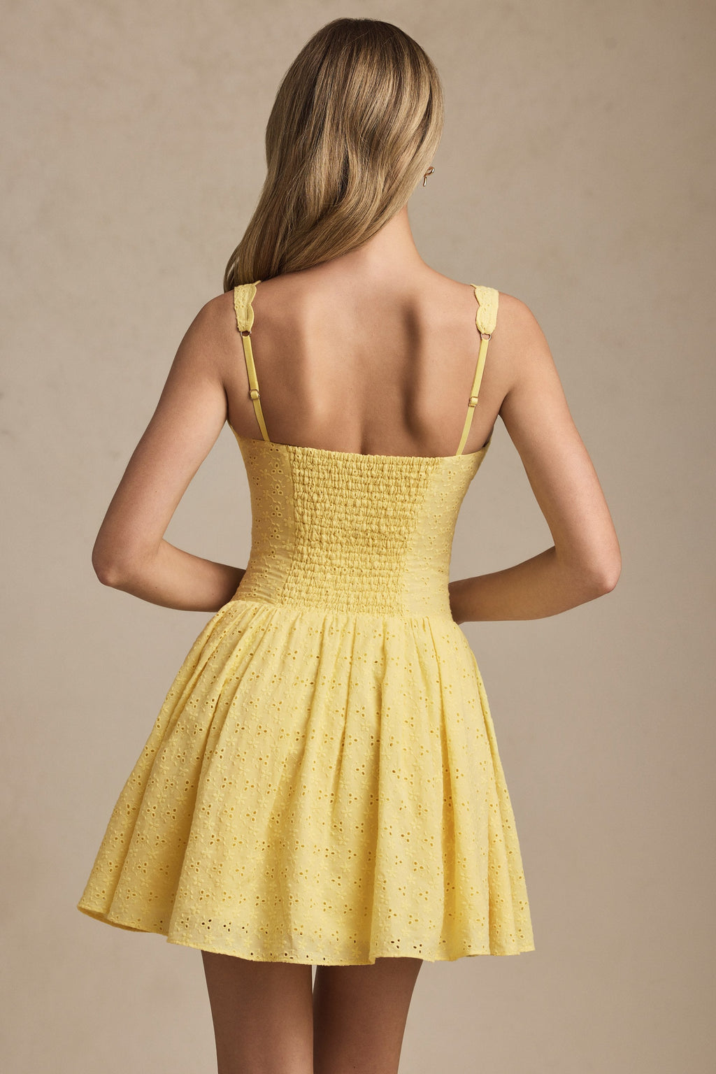 Broderie Anglaise Bow-Detail A-Line Mini Dress in Pastel Yellow