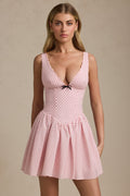 Bow-Detail A-Line Mini Dress in Pink Polka Dot