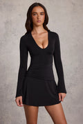 Ruched Long-Sleeve A-Line Mini Dress in Black