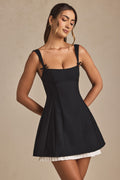 Bow-Detail Pleated A-Line Mini Dress in Black