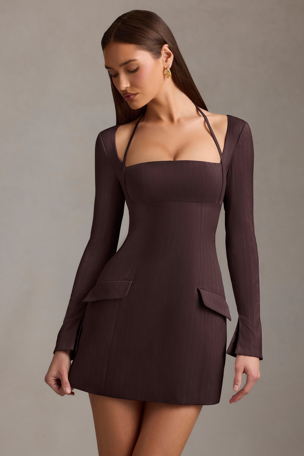 Pinstripe Structured A-Line Mini Dress in Chocolate Brown