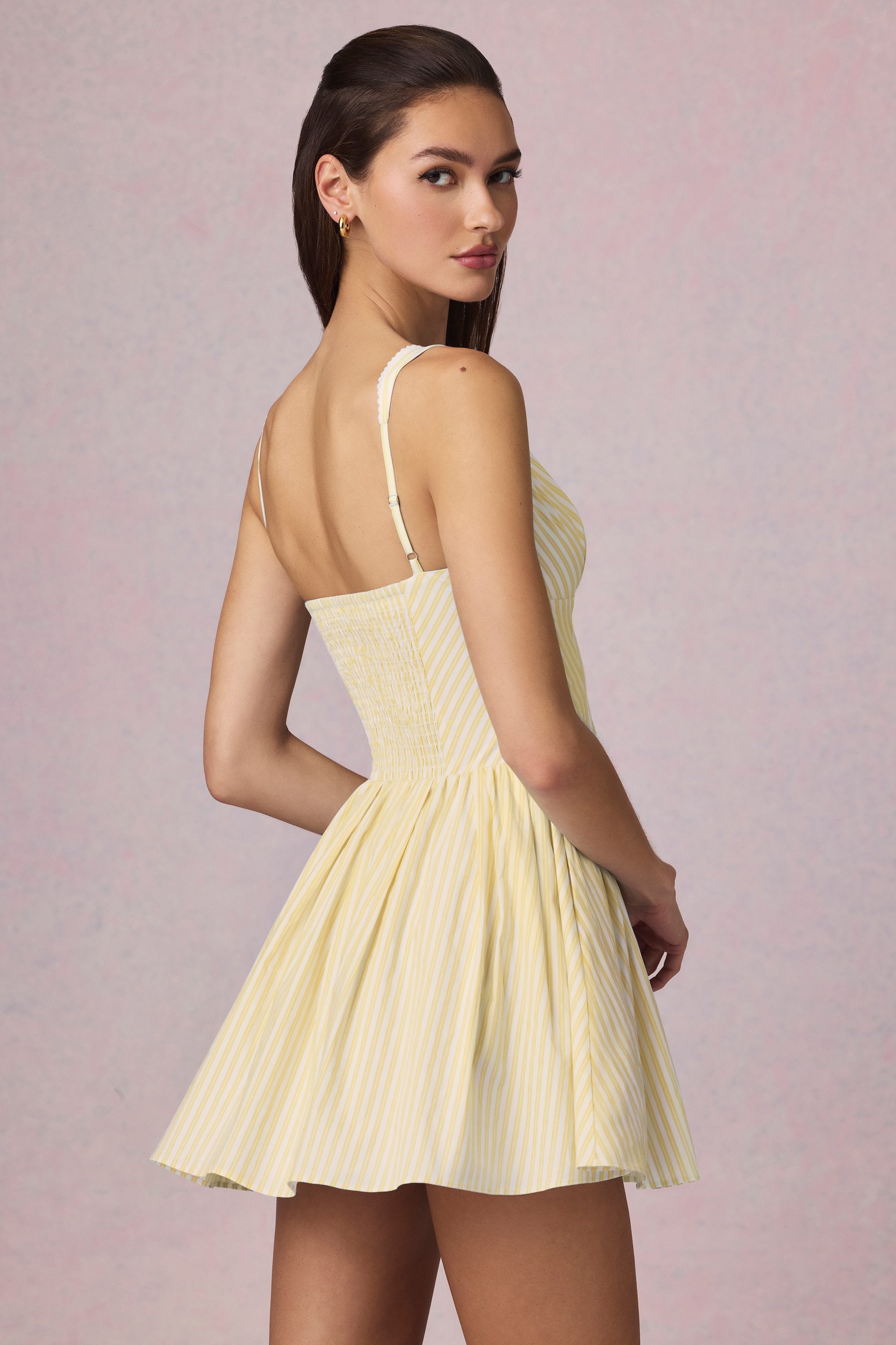 Bow-Detail A-Line Mini Dress in Lemon Yellow Stripe