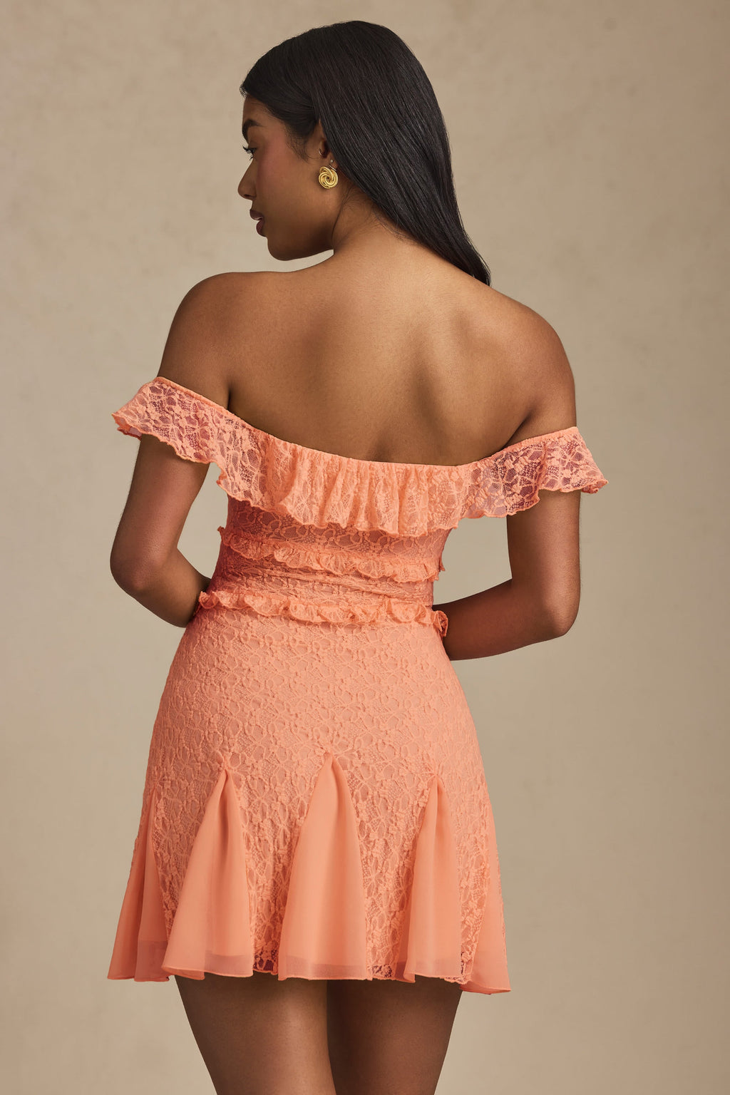 Off-Shoulder Lace A-Line Mini Dress in Peach