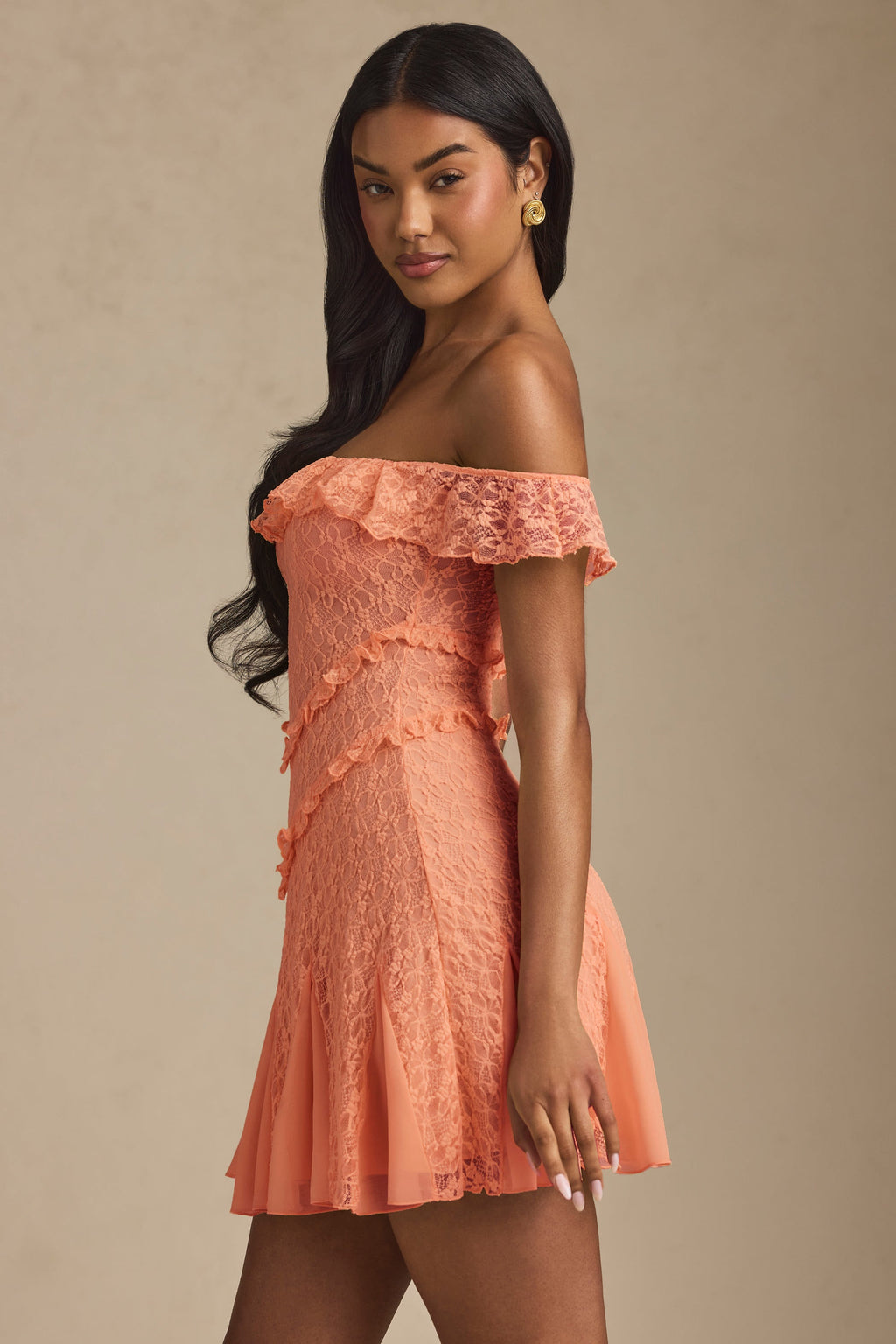 Off-Shoulder Lace A-Line Mini Dress in Peach