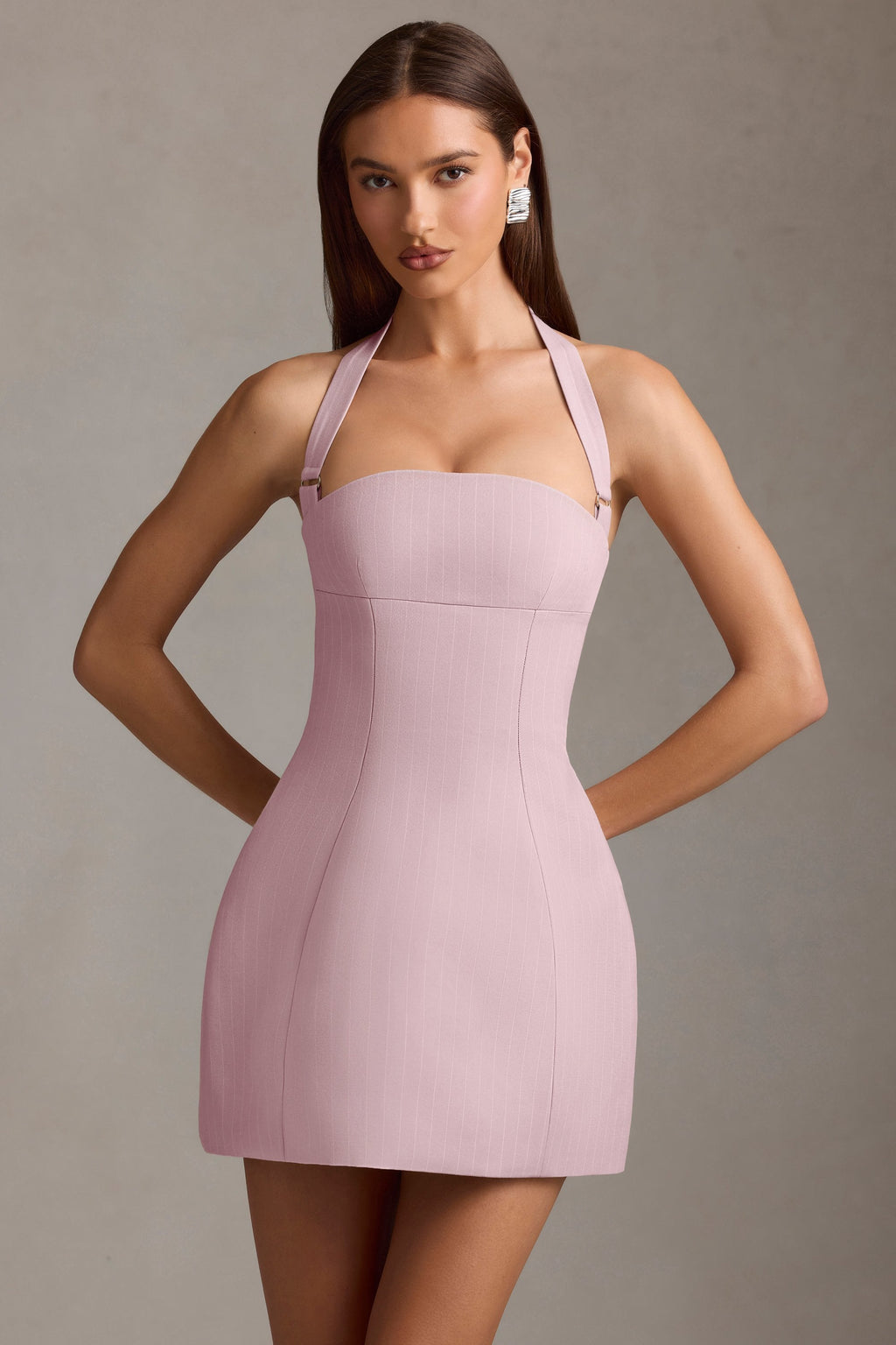 Pinstripe Halterneck Structured A-Line Mini Dress in Mauve