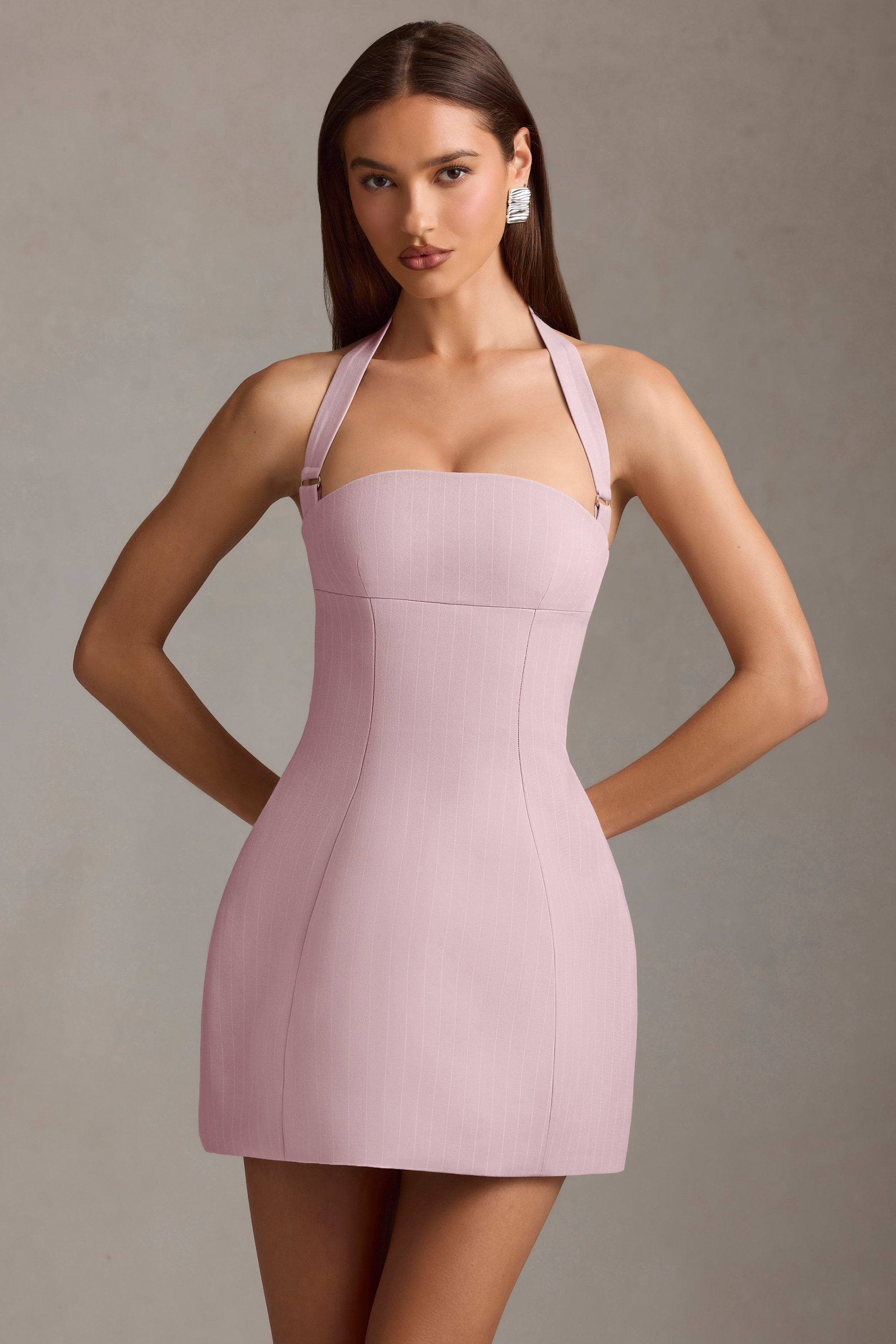Pinstripe Halterneck Structured A-Line Mini Dress in Mauve