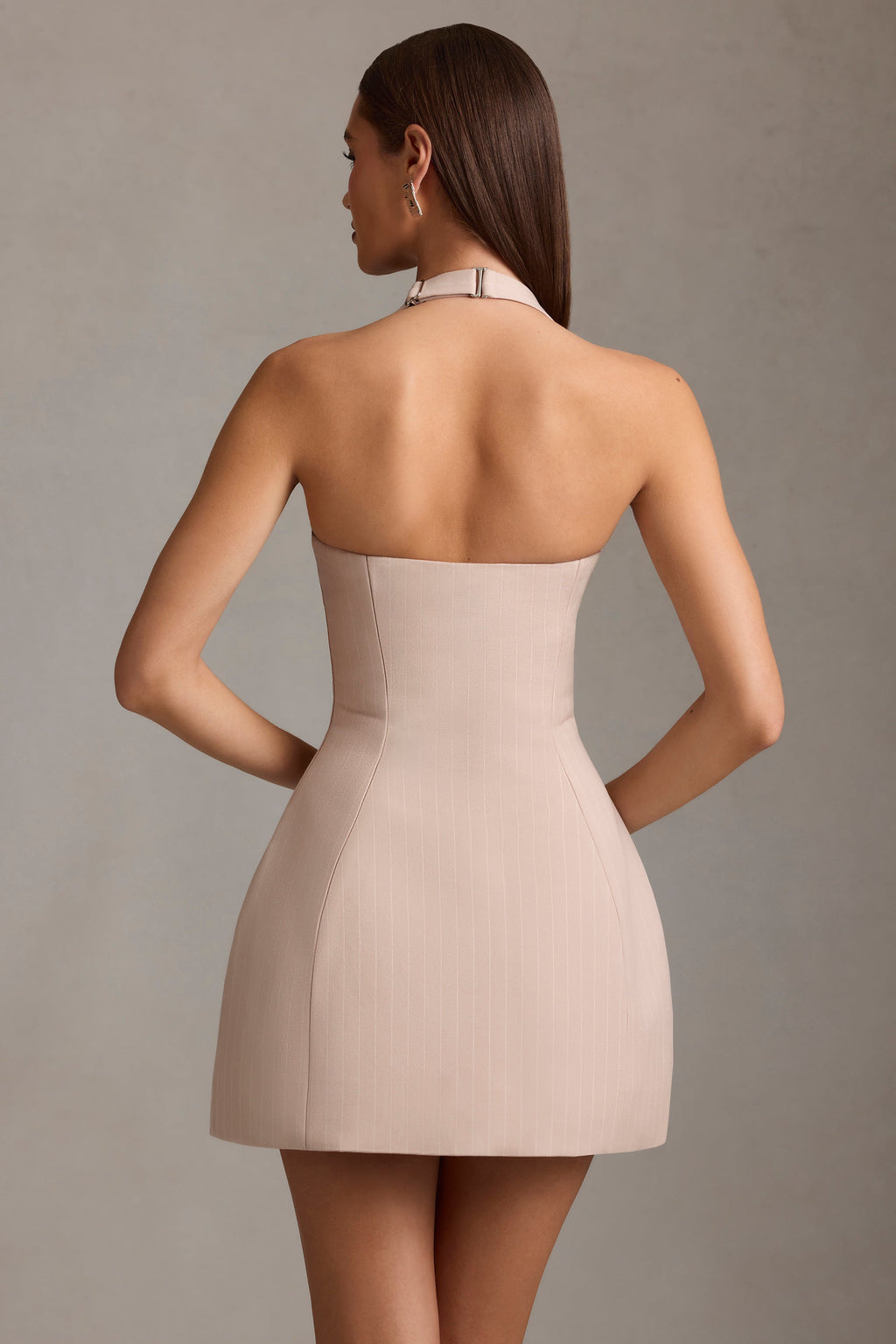 Pinstripe Halterneck Structured A-Line Mini Dress in Mushroom