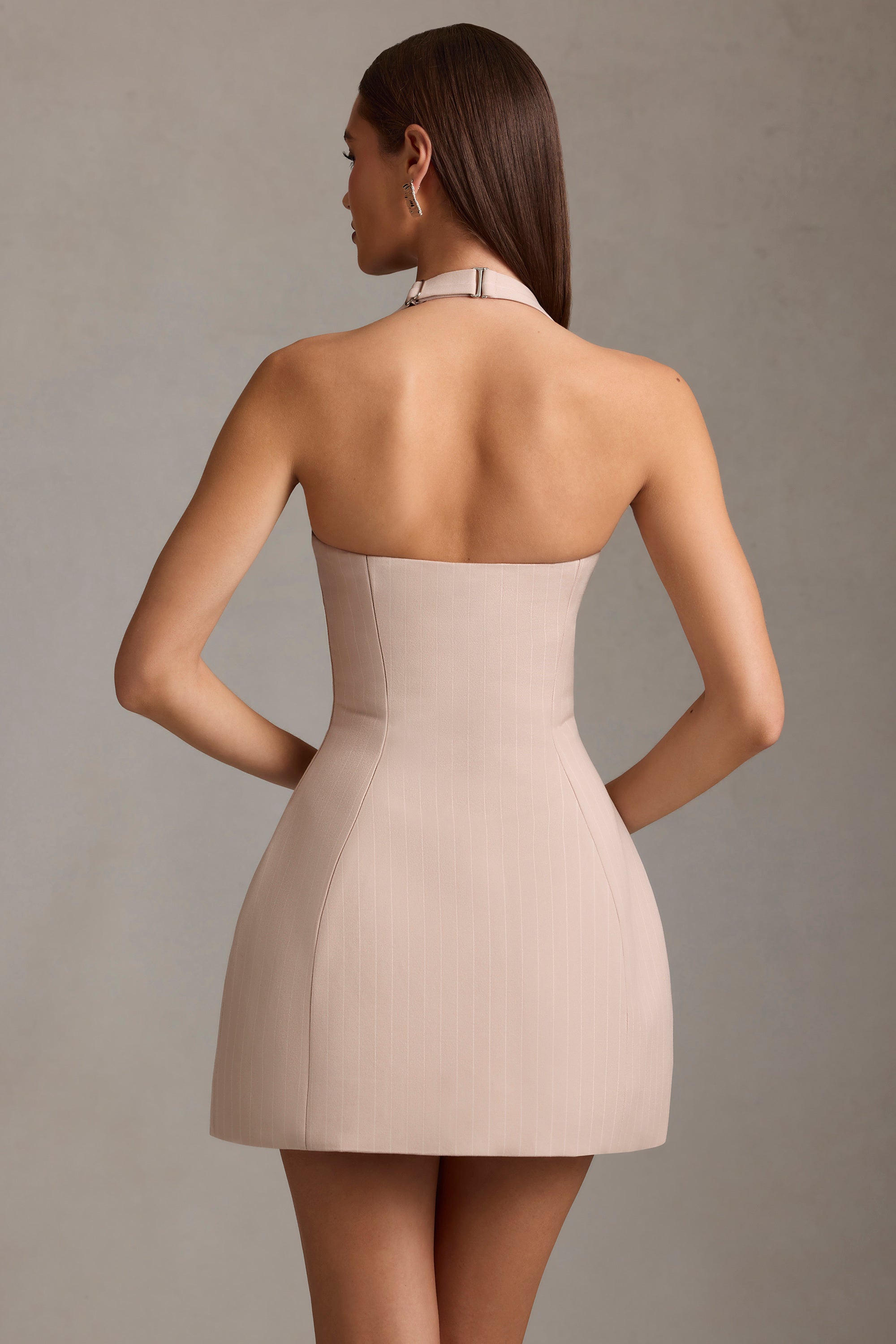 Pinstripe Halterneck Structured A-Line Mini Dress in Mushroom