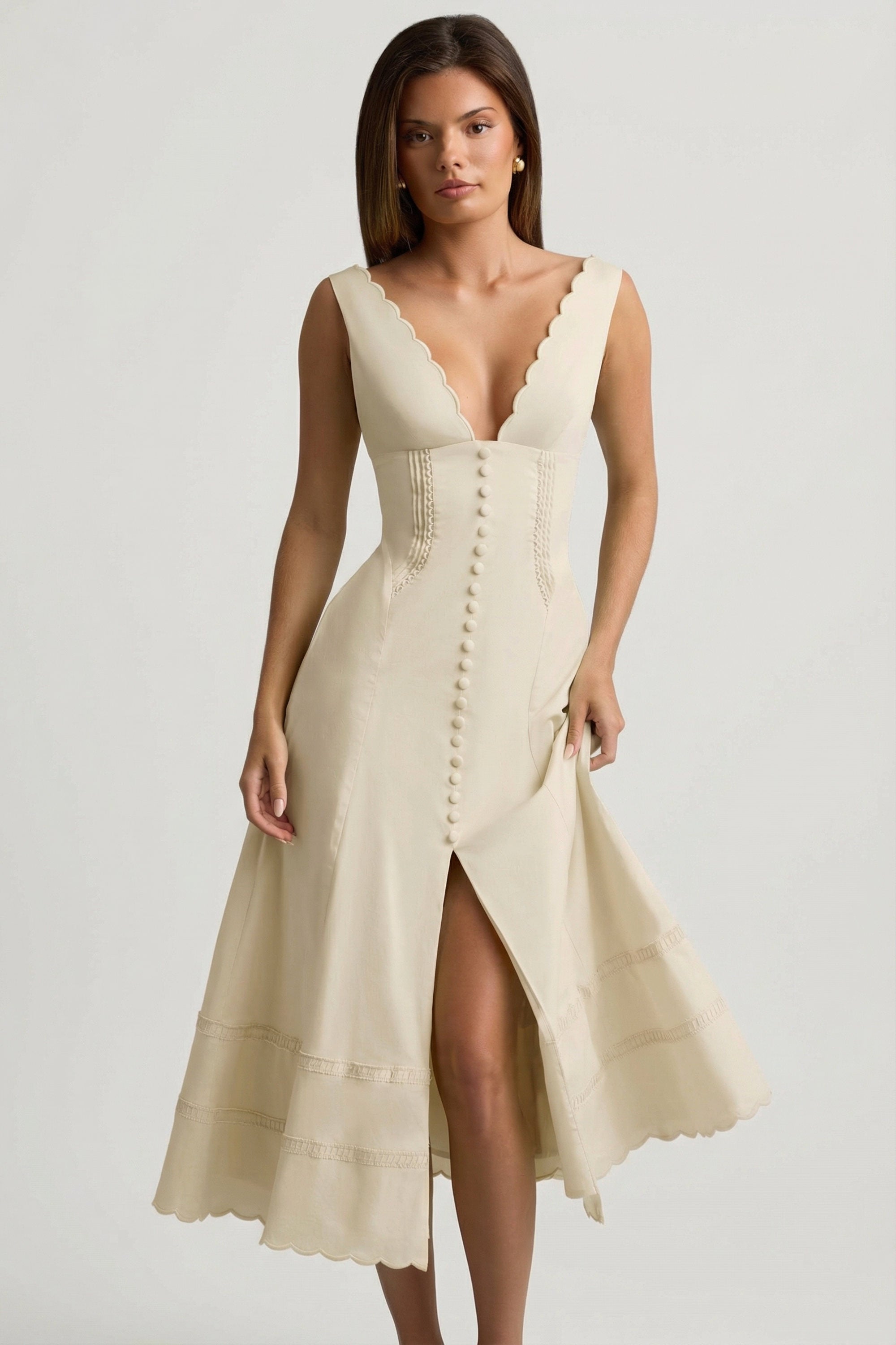 Cotton-Poplin A-Line Midaxi Dress in Ivory