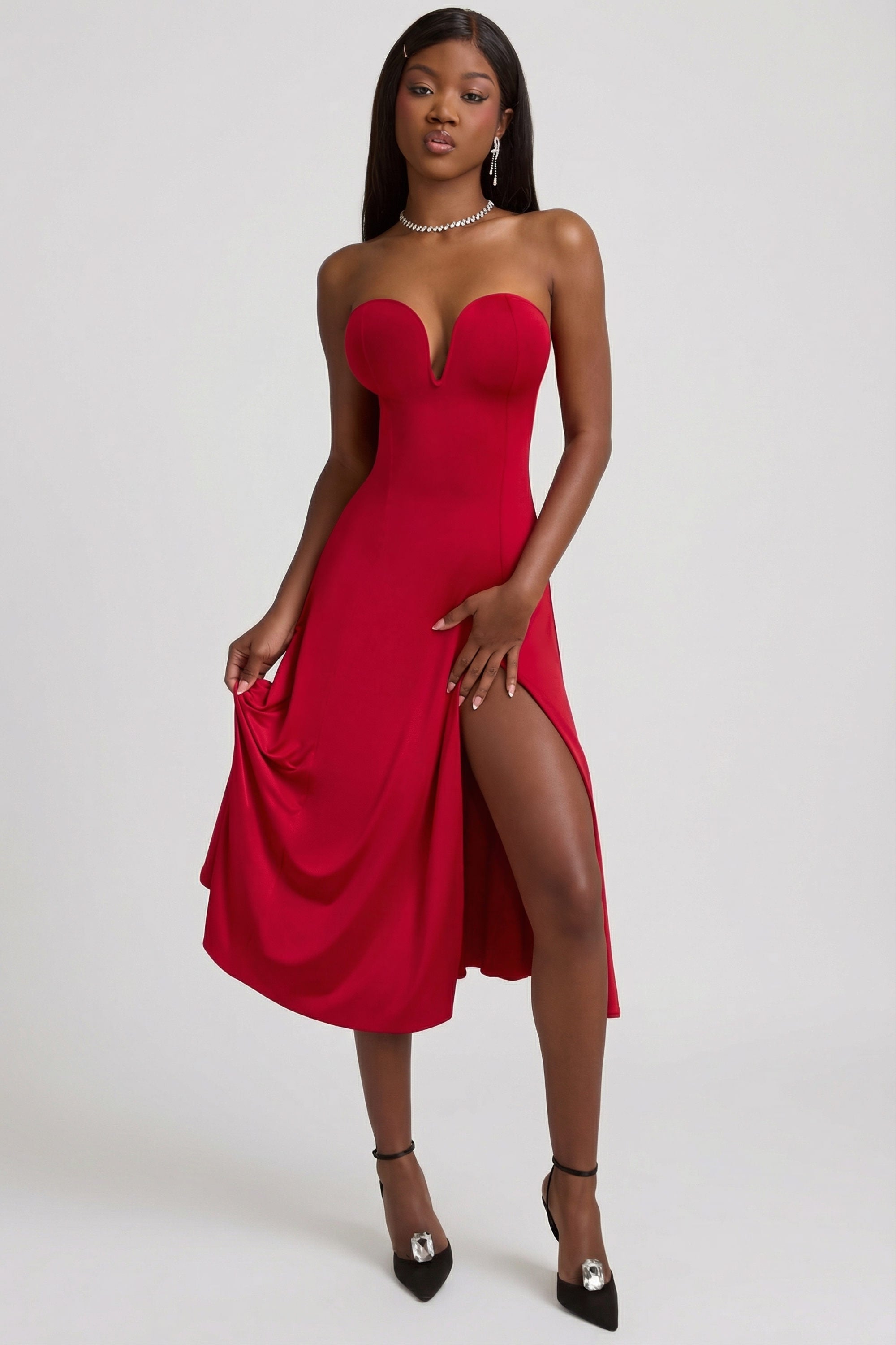 Slinky Jersey Strapless A-Line Midaxi Dress in True Red