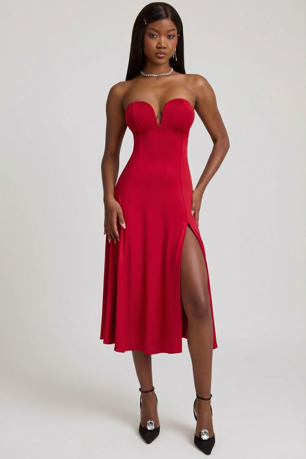 Slinky Jersey Strapless A-Line Midaxi Dress in True Red