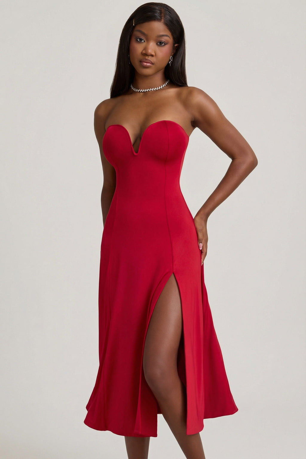Slinky Jersey Strapless A-Line Midaxi Dress in True Red