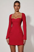 Sweetheart-Neck Long-Sleeve A-Line Mini Dress in Red