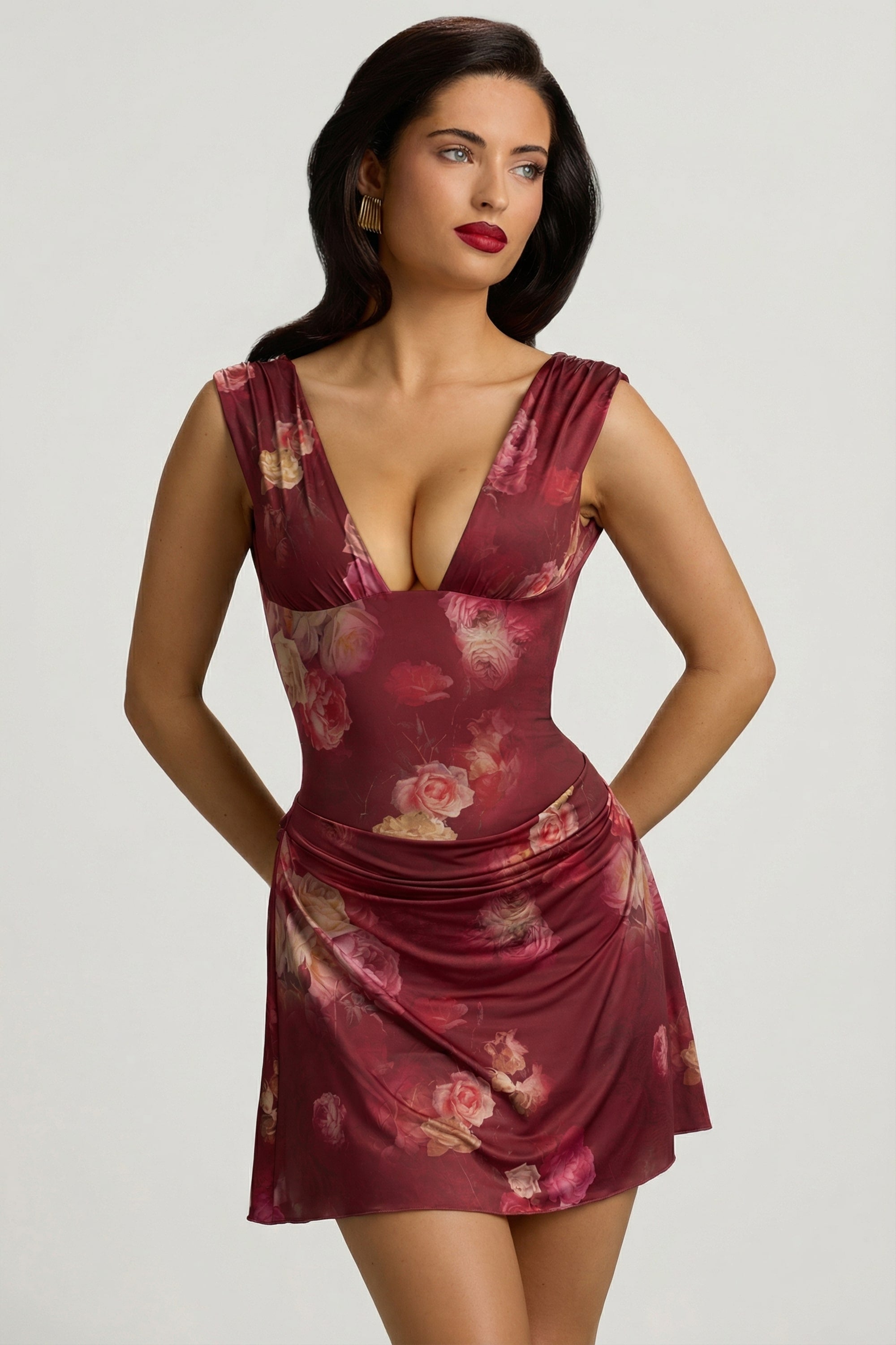 Draped Open-Back A-Line Mini Dress in Maroon Floral Print