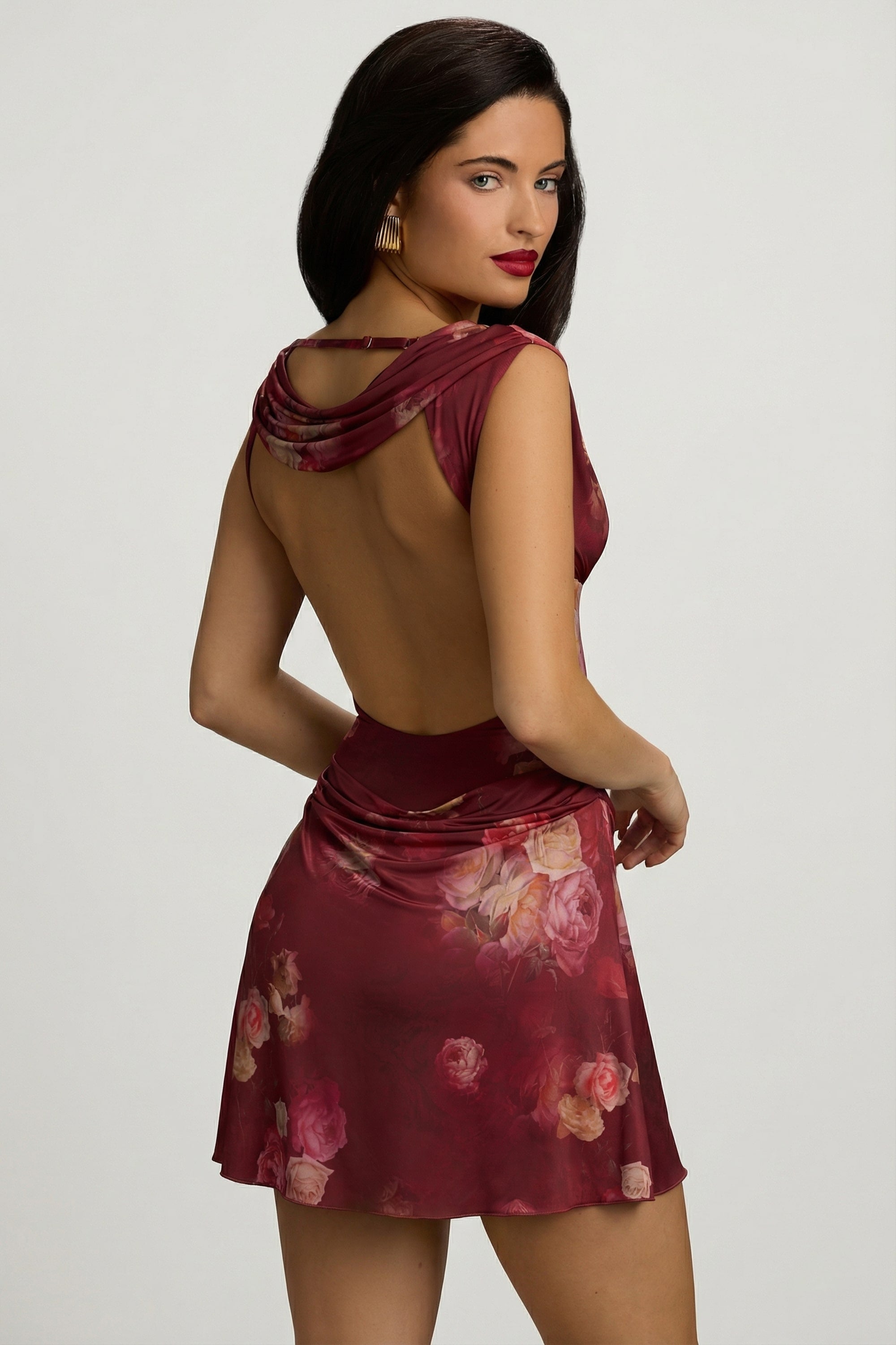 Draped Open-Back A-Line Mini Dress in Maroon Floral Print