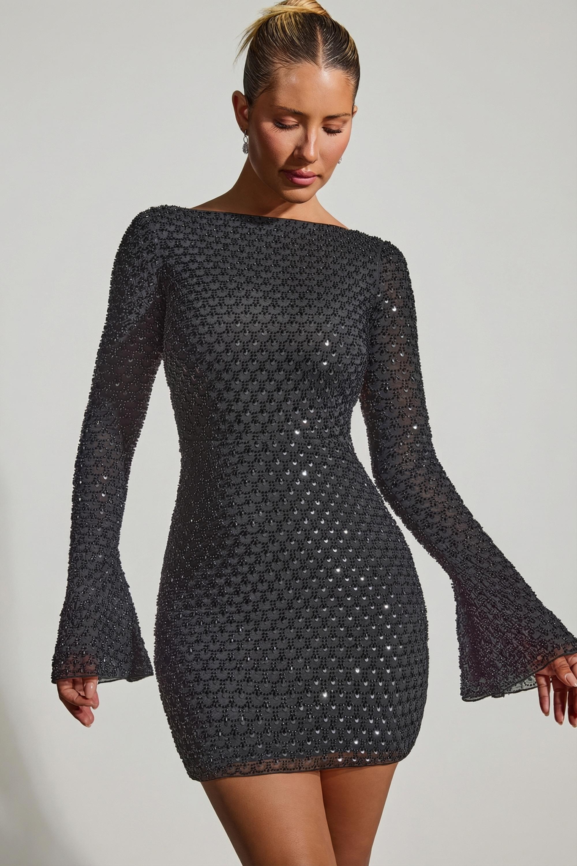 Embellished Open-Back A-Line Mini Dress in Black