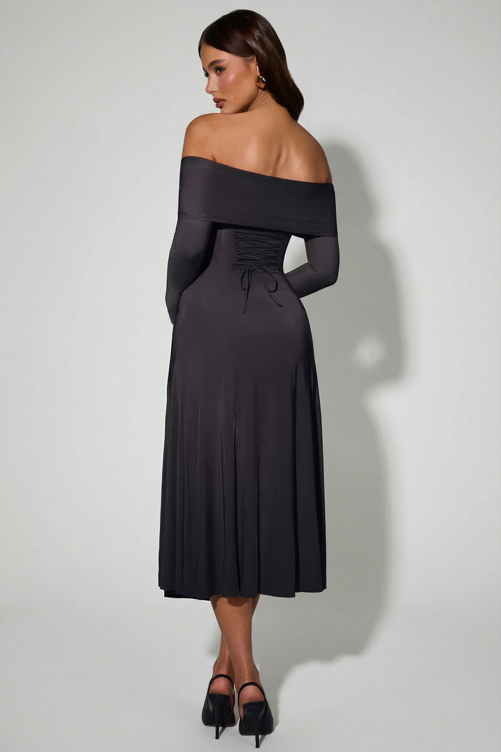 Off-Shoulder Lace-Up A-Line Midaxi Dress in Black