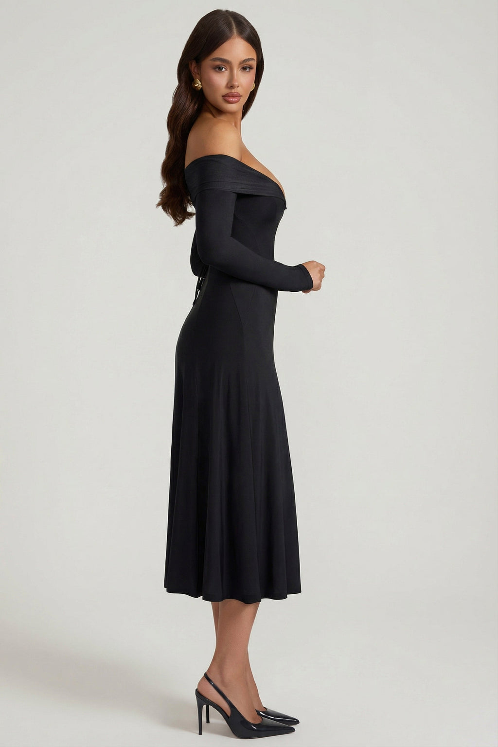 Off-Shoulder Lace-Up A-Line Midaxi Dress in Black