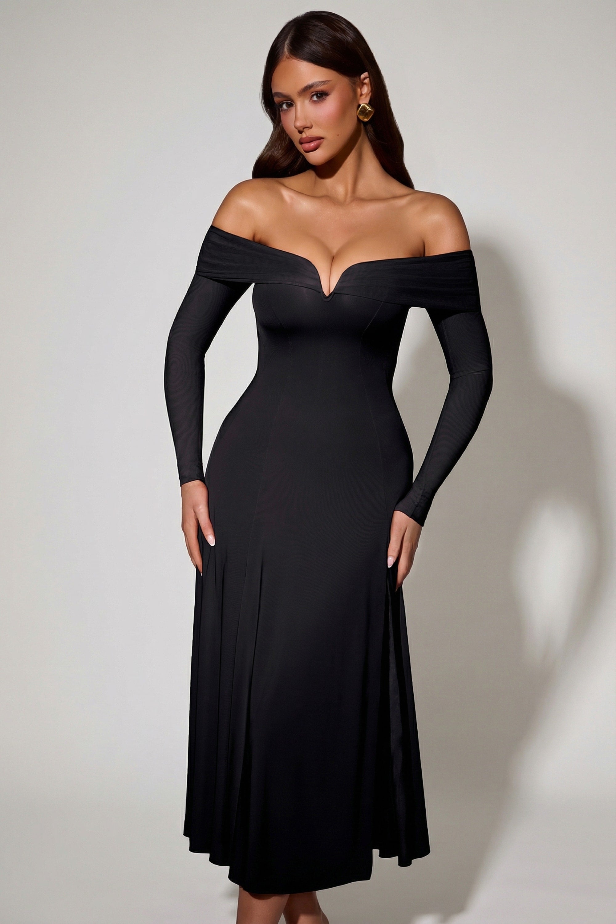 Off-Shoulder Lace-Up A-Line Midaxi Dress in Black