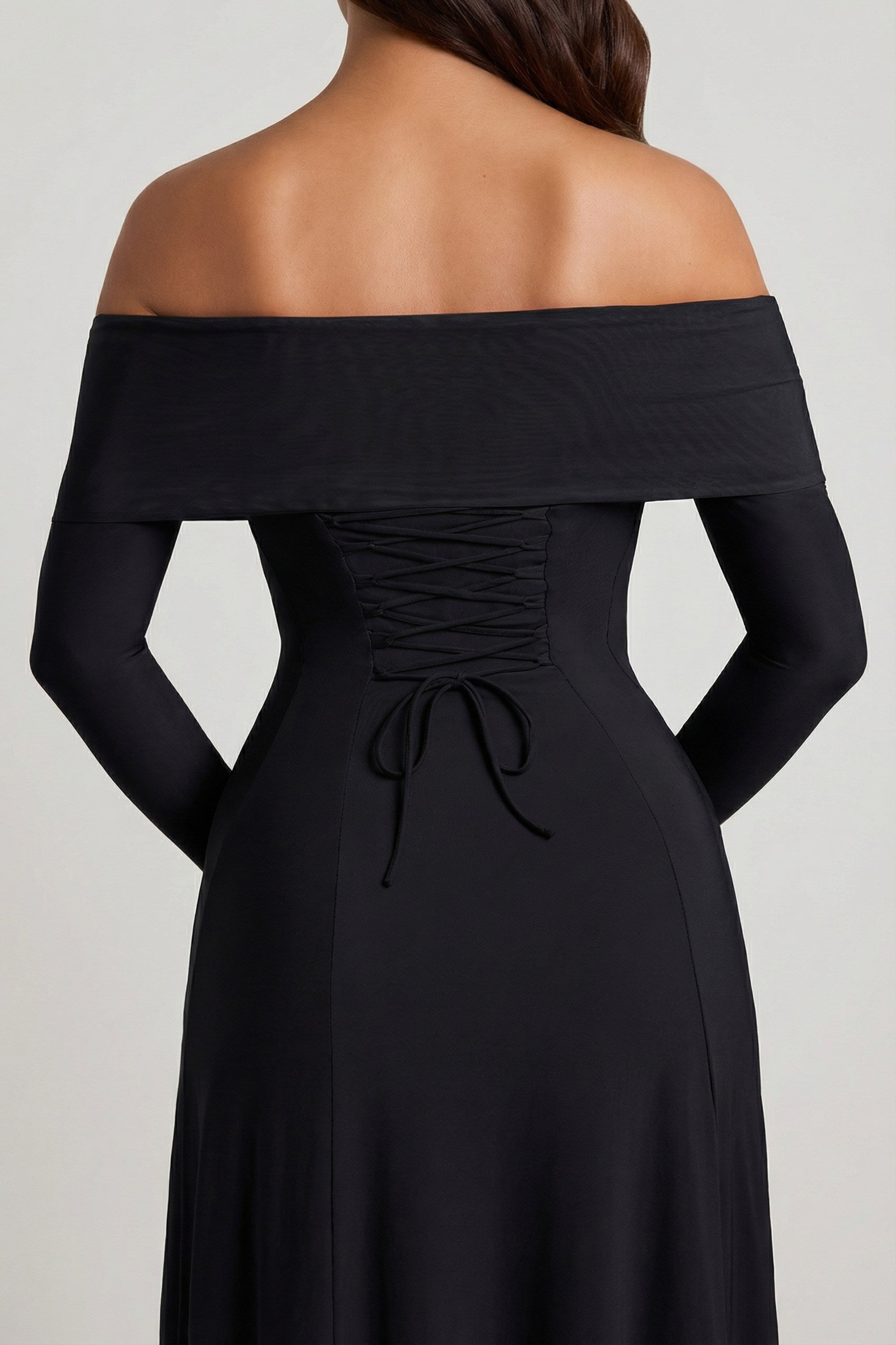 Off-Shoulder Lace-Up A-Line Midaxi Dress in Black