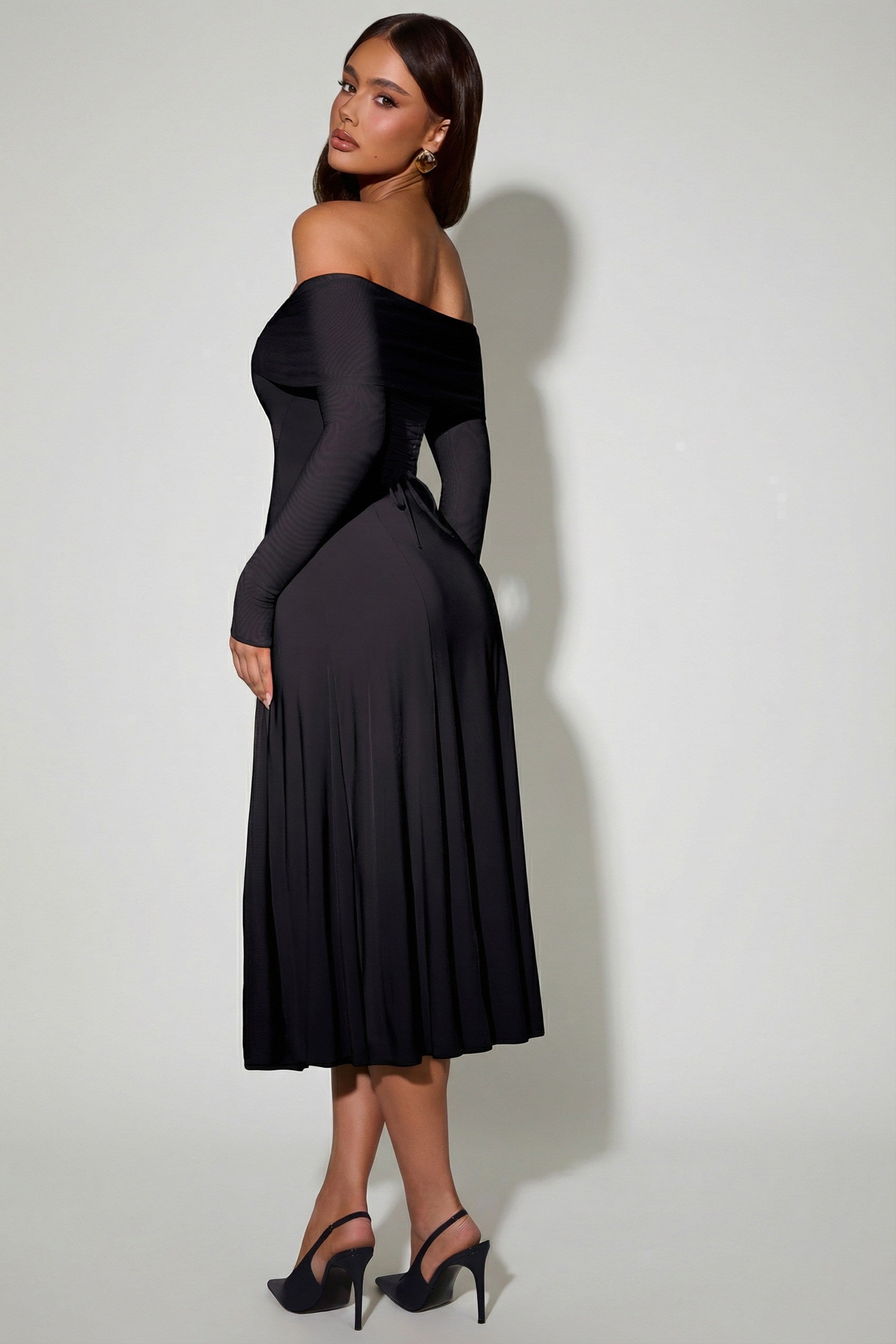 Off-Shoulder Lace-Up A-Line Midaxi Dress in Black