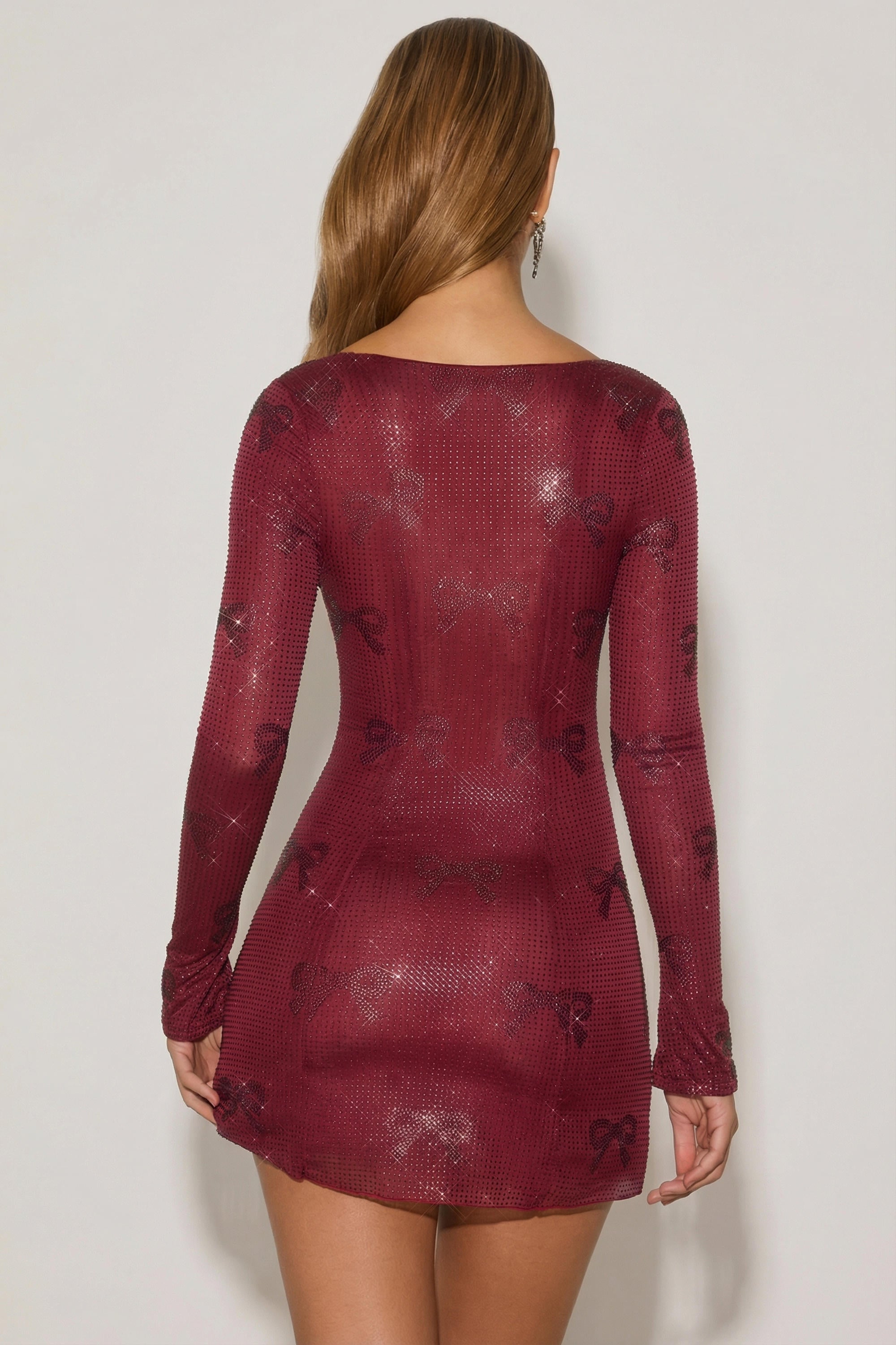 Embellished Bow-Detail A-Line Mini Dress in Wine Red
