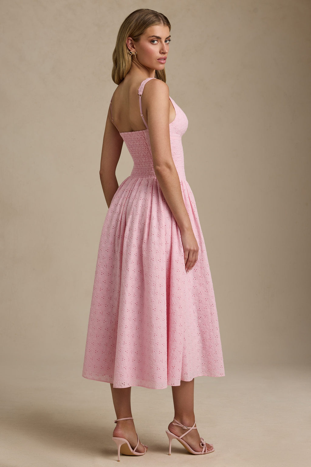 Broderie Anglaise Bow-Detail A-Line Midaxi Dress in Soft Pink