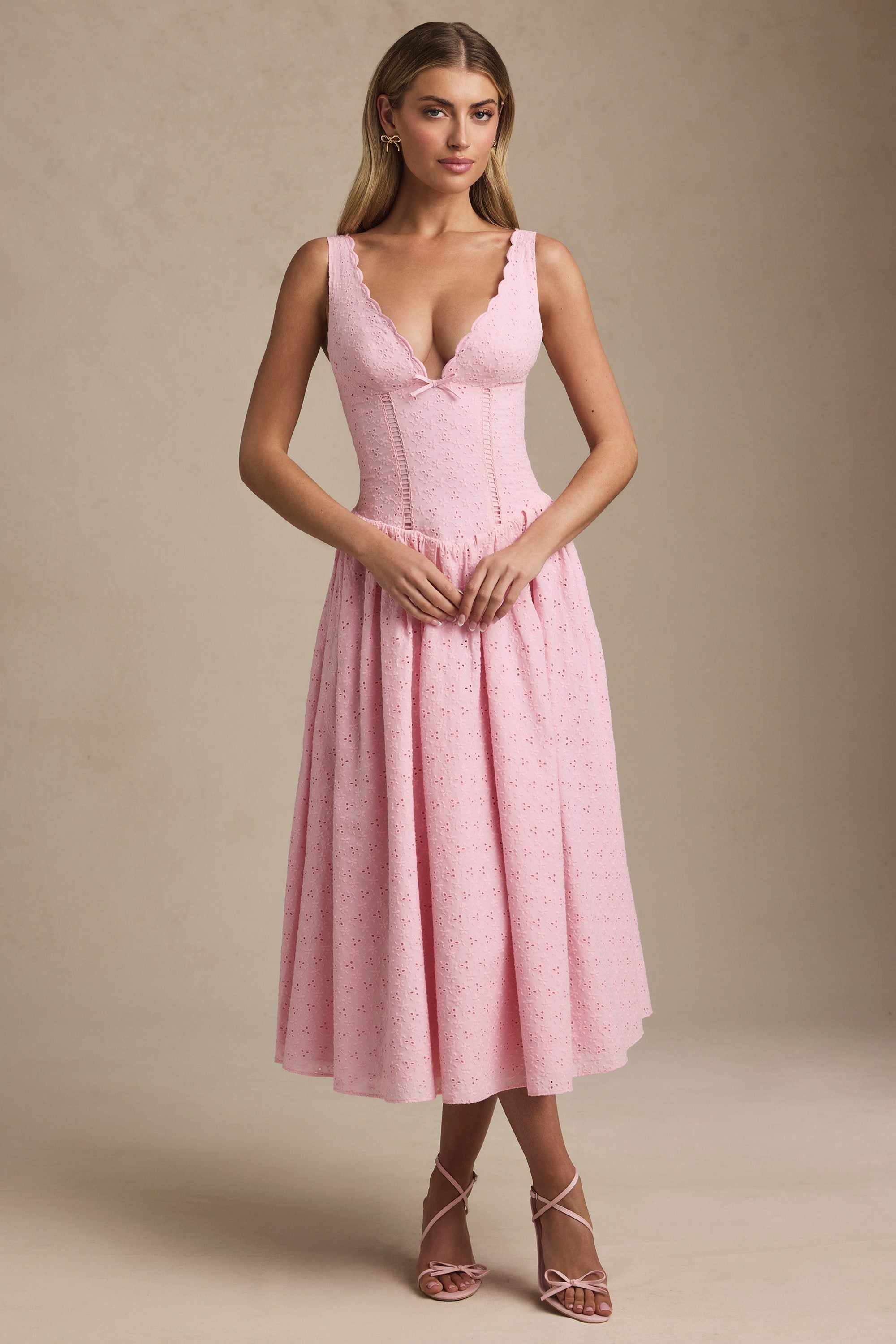 Broderie Anglaise Bow-Detail A-Line Midaxi Dress in Soft Pink